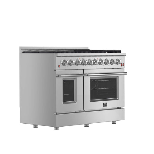 FORNO Galiano 48-inch Gas Range Stainless Steel, 8 Burners, 107,000 BTU, Griddle, 6.58 cu.ft. Double Oven FORNO