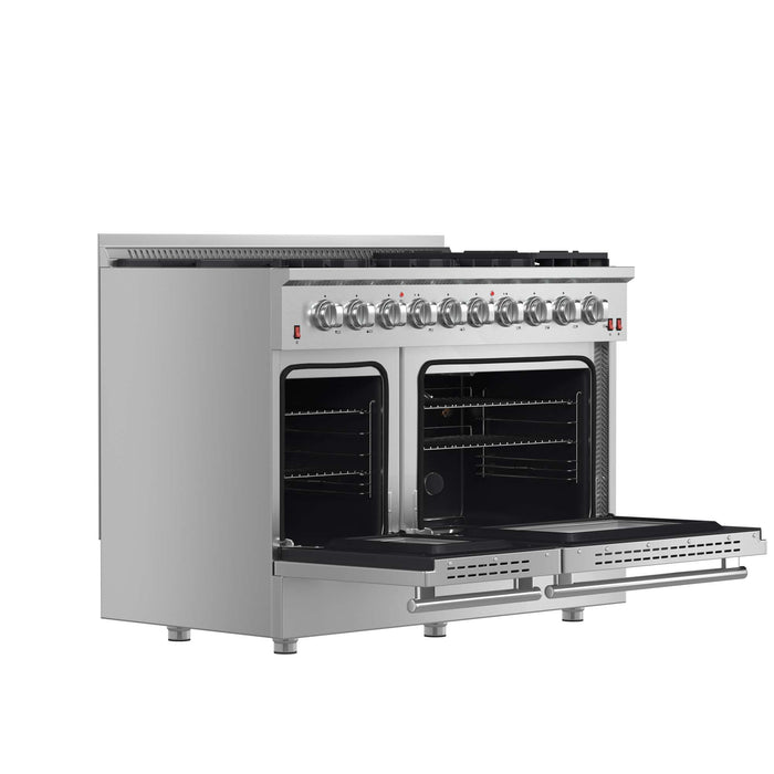 FORNO Galiano 48-inch Gas Range Stainless Steel, 8 Burners, 107,000 BTU, Griddle, 6.58 cu.ft. Double Oven FORNO