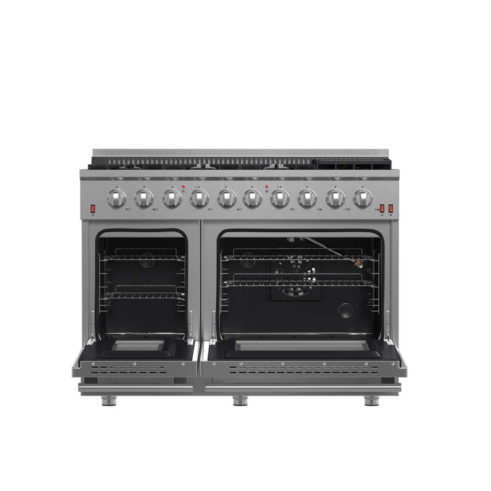FORNO Galiano 48-inch Gas Range Stainless Steel, 8 Burners, 107,000 BTU, Griddle, 6.58 cu.ft. Double Oven FORNO
