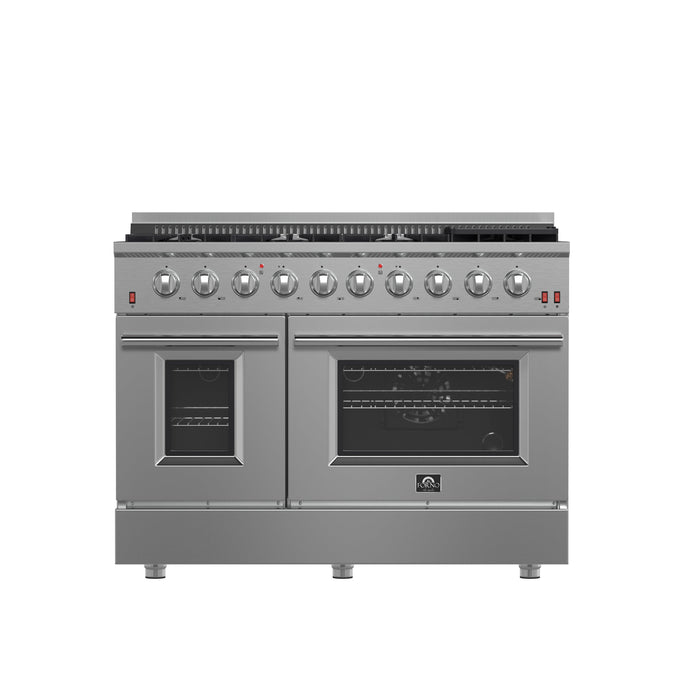 FORNO Galiano 48-inch Gas Range Stainless Steel, 8 Burners, 107,000 BTU, Griddle, 6.58 cu.ft. Double Oven FORNO