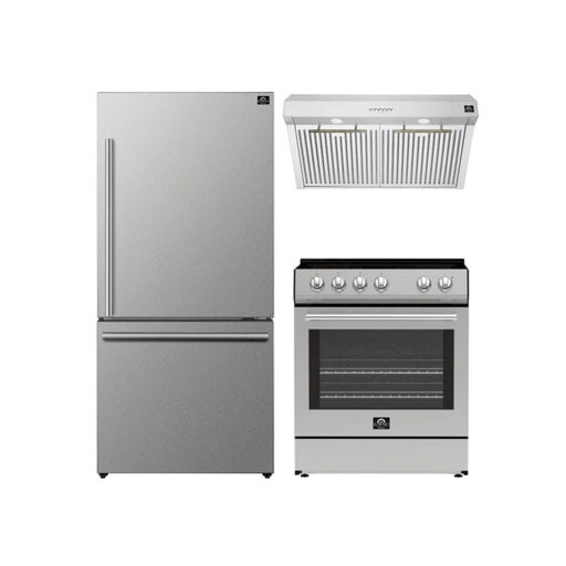 Forno 3-Piece Bundle - Leonardo Espresso 30" Stainless Steel Range, 31" Bottom Freezer, 30" Range Hood FORNO