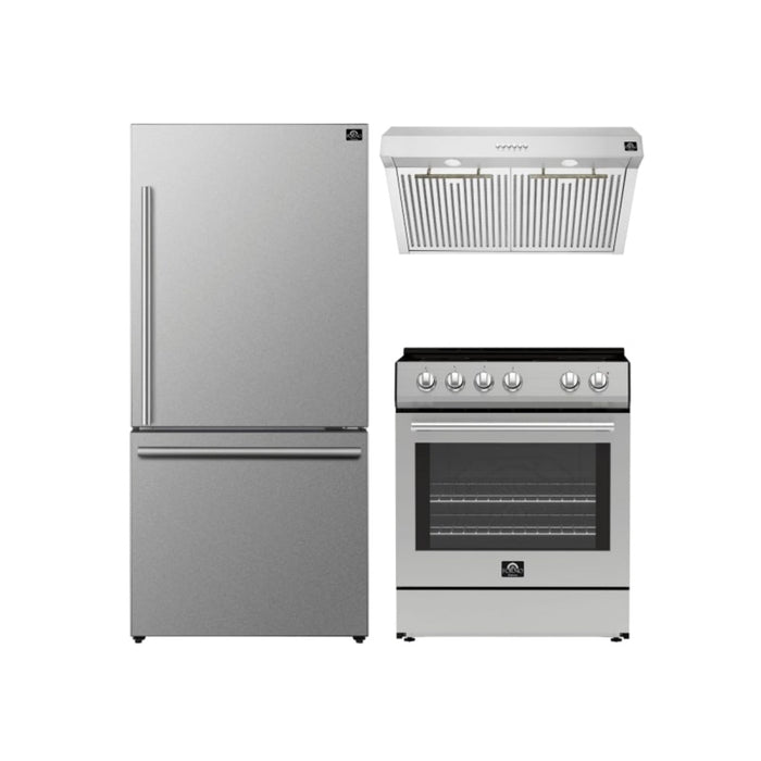 Forno 3-Piece Bundle - Leonardo Espresso 30" Stainless Steel Range, 31" Bottom Freezer, 30" Range Hood FORNO