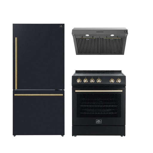 Forno 3-Piece Bundle - Leonardo Espresso 30" Black Range, 30" Range Hood, 31" Black Bottom Freezer FORNO