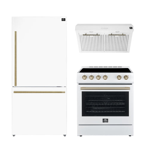 Forno 3-Piece Bundle - Leonardo Espresso 30" White Range, 30" Range Hood, 31" Bottom Freezer FORNO