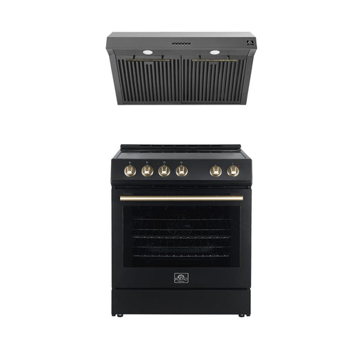 FORNO Premium 2-Piece Kitchen Bundle - Leonardo Espresso 30" Black Range, 30" Black Range Hood FORNO