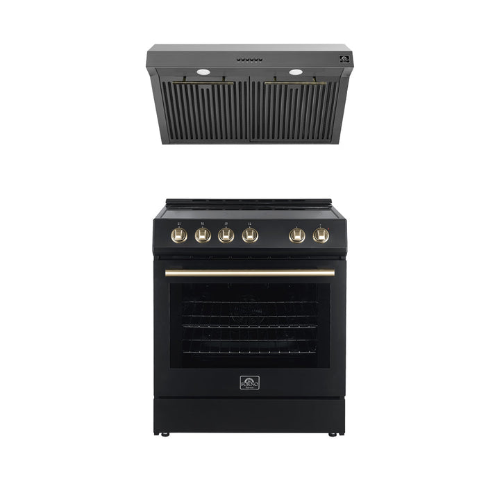 FORNO Premium 2-Piece Kitchen Bundle - Leonardo Espresso 30" Black Range, 30" Black Range Hood FORNO