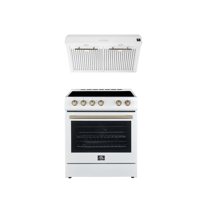 FORNO Premium 2-Piece Kitchen Bundle - Leonardo Espresso 30" White Range, 30" White Range Hood FORNO