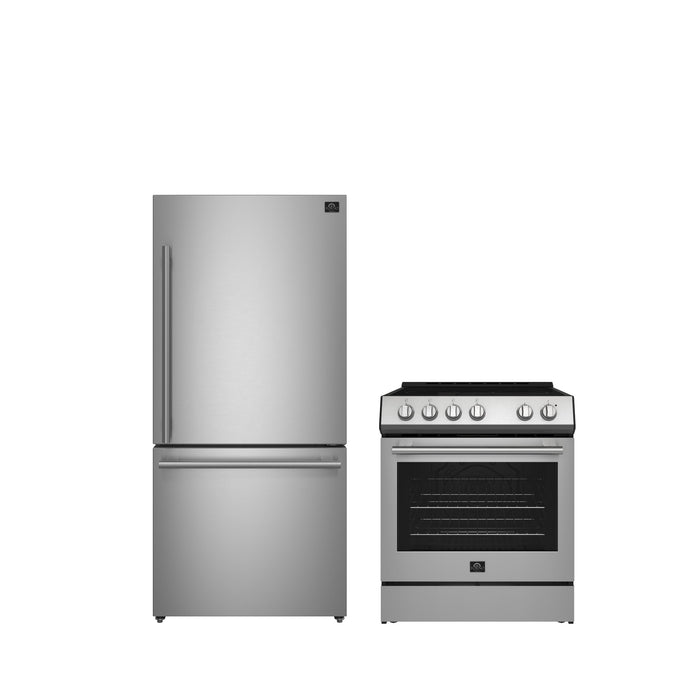 Forno Premium 2-Piece Bundle - Leonardo Espresso 30" Range, 31" Stainless Steel Bottom Freezer FORNO