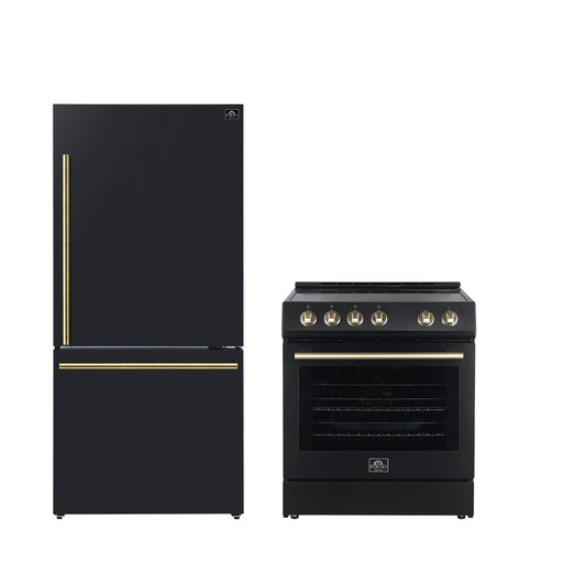 Forno Premium 2-Piece Bundle - Leonardo Espresso 30" Range, 31" Black Bottom Freezer Refrigerator FORNO