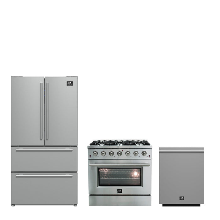 Forno 3-Piece Bundle - Galiano 36" Gas Range, 36" Built-In Refrigerator, 24" Dishwasher FORNO