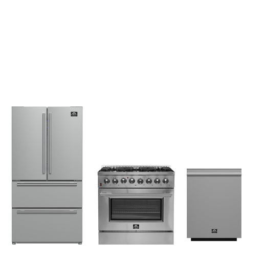 Forno 3-Piece Bundle - Galiano 36" Dual Fuel Range, 36" Built-In Refrigerator, 24" Dishwasher FORNO