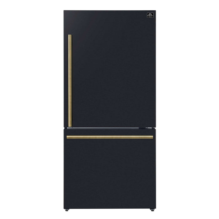 Forno 3-Piece Bundle - Leonardo Espresso 30" Black Range, 30" Range Hood, 31" Black Bottom Freezer FORNO