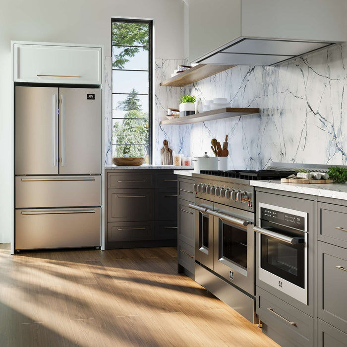 FORNO Galiano 48-inch Gas Range Stainless Steel, 8 Burners, 107,000 BTU, Griddle, 6.58 cu.ft. Double Oven FORNO