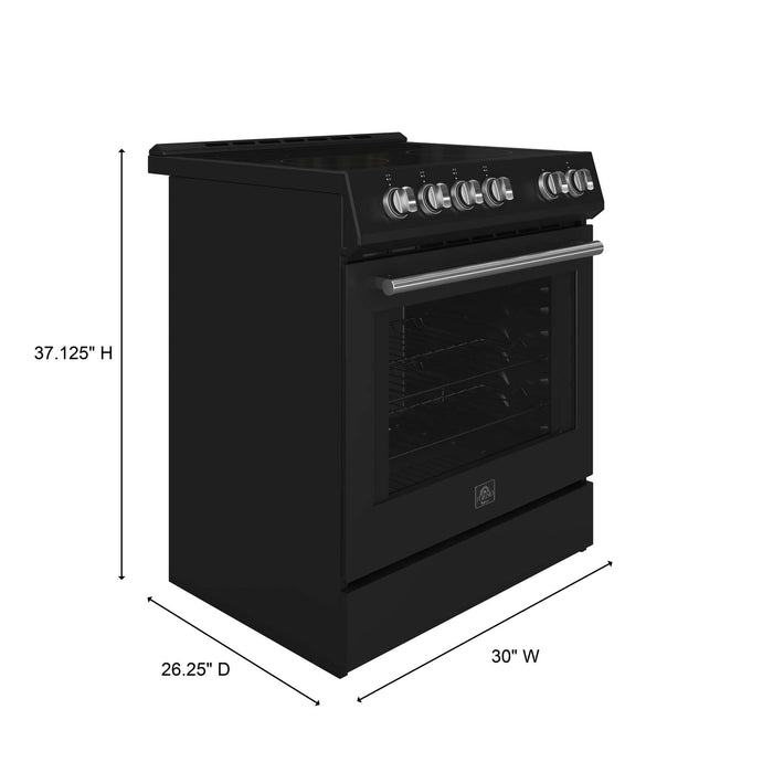 Forno 3-Piece Bundle - Leonardo Espresso 30" Black Range, 30" Range Hood, 31" Black Bottom Freezer FORNO