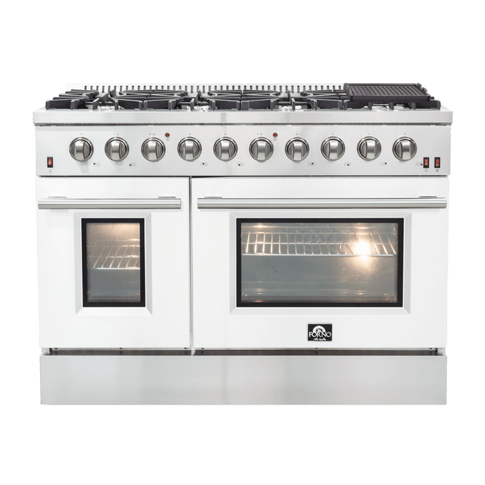 FORNO Galiano 48-inch Gas Range Stainless Steel, 8 Burners, 107,000 BTU, Griddle, 6.58 cu.ft. Double Oven FORNO