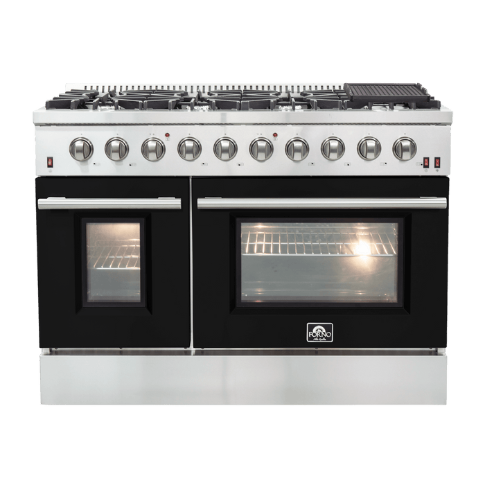FORNO Galiano 48-inch Gas Range Stainless Steel, 8 Burners, 107,000 BTU, Griddle, 6.58 cu.ft. Double Oven FORNO