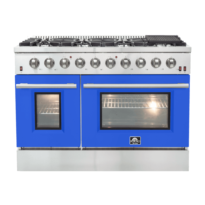 FORNO Galiano 48-inch Gas Range Stainless Steel, 8 Burners, 107,000 BTU, Griddle, 6.58 cu.ft. Double Oven FORNO
