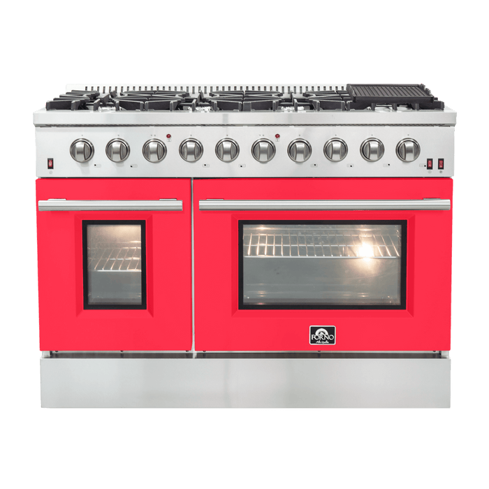 FORNO Galiano 48-inch Gas Range Stainless Steel, 8 Burners, 107,000 BTU, Griddle, 6.58 cu.ft. Double Oven FORNO