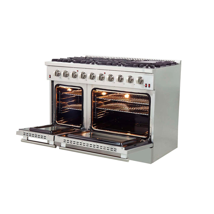 FORNO Galiano 48-inch Gas Range Stainless Steel, 8 Burners, 107,000 BTU, Griddle, 6.58 cu.ft. Double Oven FORNO