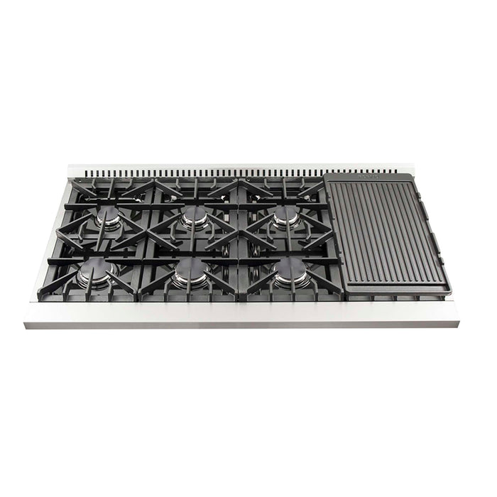 FORNO Galiano 48-inch Gas Range Stainless Steel, 8 Burners, 107,000 BTU, Griddle, 6.58 cu.ft. Double Oven FORNO