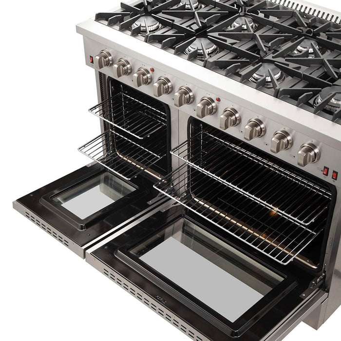 FORNO Galiano 48-inch Gas Range Stainless Steel, 8 Burners, 107,000 BTU, Griddle, 6.58 cu.ft. Double Oven FORNO