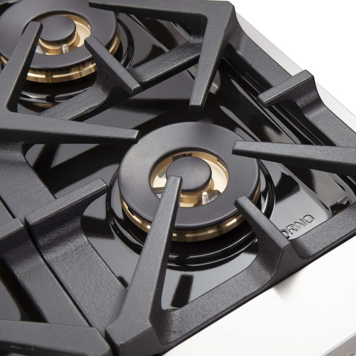 FORNO Capriasca 48-inch Gas Range Stainless Steel, 8 Brass Burners 160,000 BTU, 6.58 cu.ft. Double Oven FORNO
