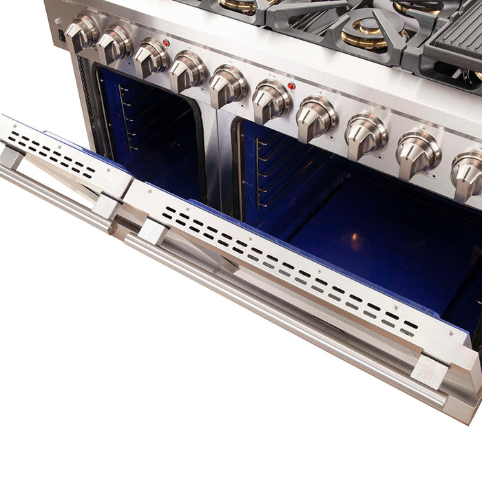 FORNO Capriasca 48-inch Gas Range Stainless Steel, 8 Brass Burners 160,000 BTU, 6.58 cu.ft. Double Oven FORNO