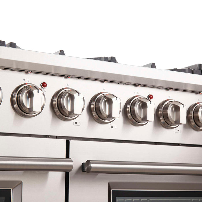 FORNO Capriasca 48-inch Gas Range Stainless Steel, 8 Brass Burners 160,000 BTU, 6.58 cu.ft. Double Oven FORNO