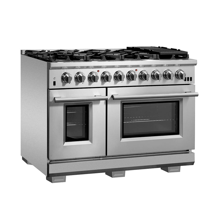 FORNO Capriasca 48-inch Gas Range Stainless Steel, 8 Brass Burners 160,000 BTU, 6.58 cu.ft. Double Oven FORNO
