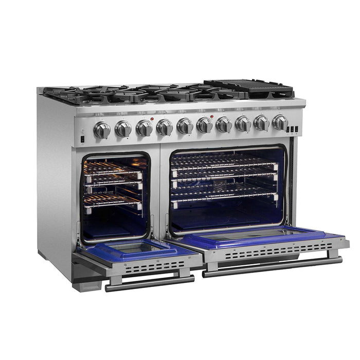 FORNO Capriasca 48-inch Gas Range Stainless Steel, 8 Brass Burners 160,000 BTU, 6.58 cu.ft. Double Oven FORNO