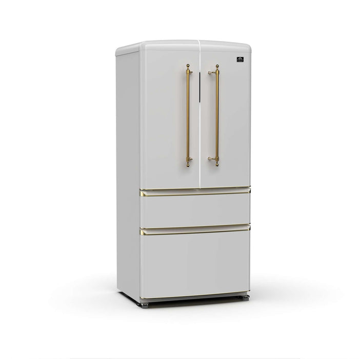 Forno Luigi 18 cu.ft. French Door Refrigerator White, Antique Brass Handles FORNO