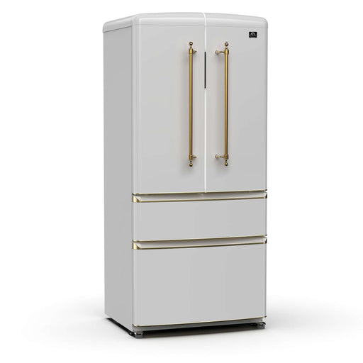 Forno Luigi 18 cu.ft. French Door Refrigerator White, Antique Brass Handles FORNO